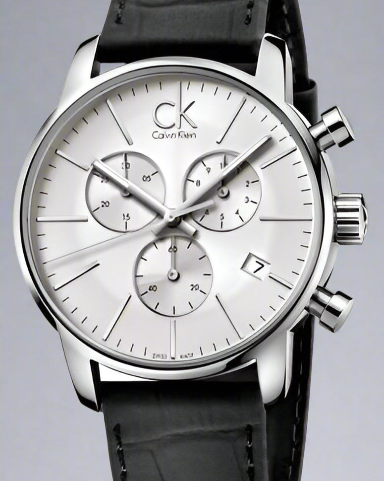 Calvin Klein City Chronograph Silver Dial Black Leather Strap Watch For Men