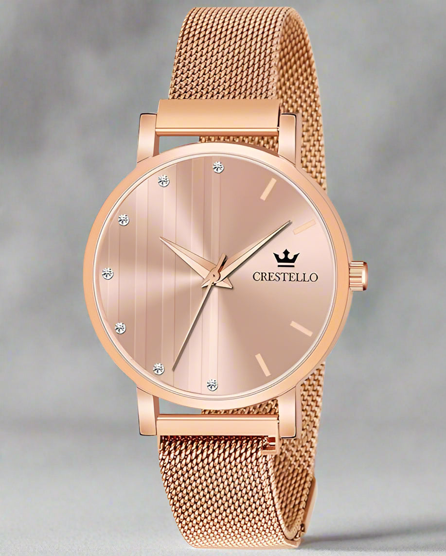 CRESTELLO Rose Gold Plated Mesh Chain Analog Wrist Watch
