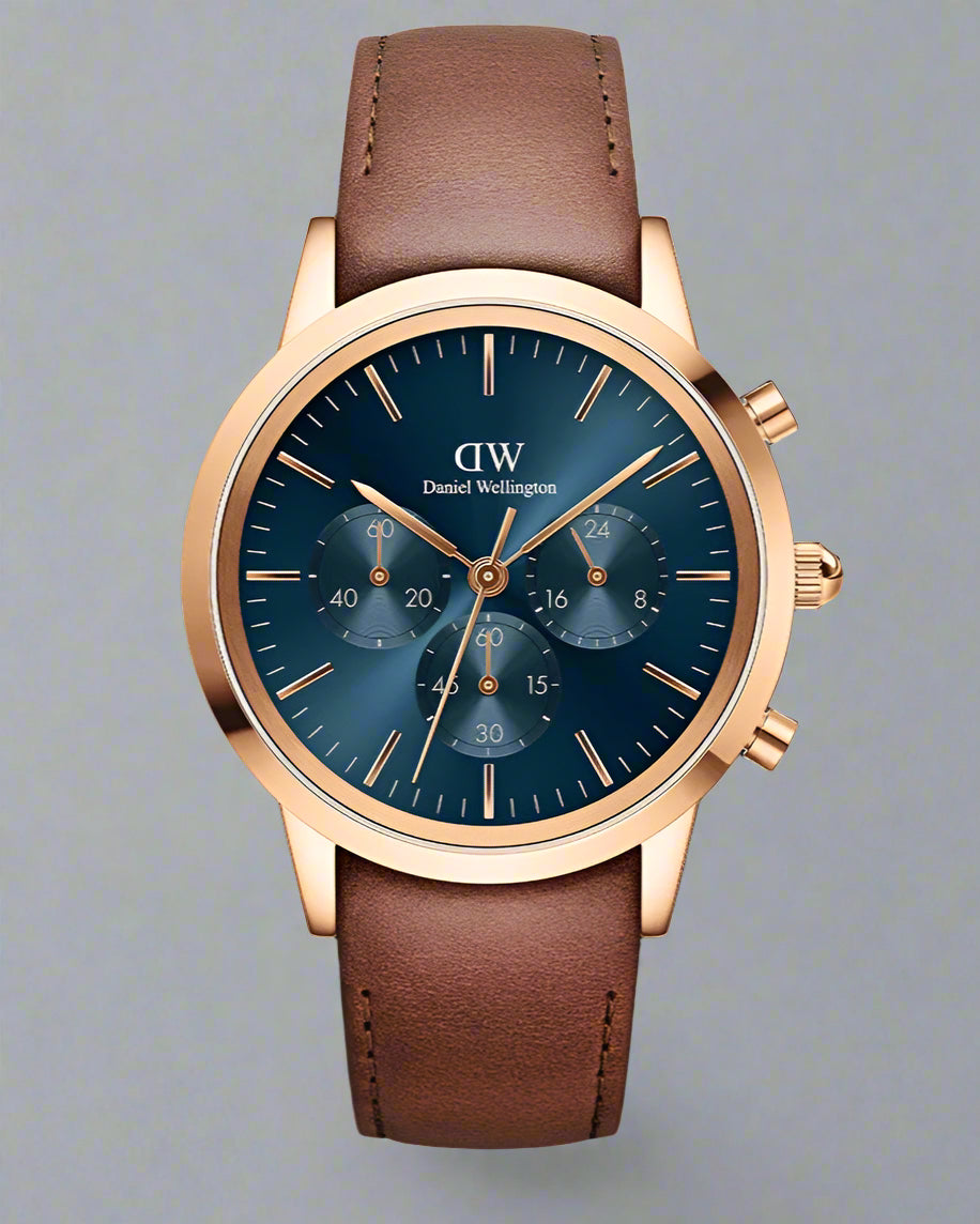 Daniel Wellington Iconic Chronograph Blue Dial Brown Leather Strap Watch