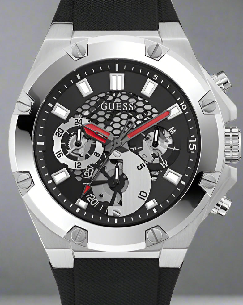 Guess Third Grear Multi Function Black Dial Black Rubber Strap Watch For Men