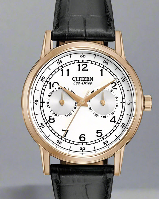 Citizen Watch Eco Drive Day & Date White Dial Black Leather Strap Watch For Men