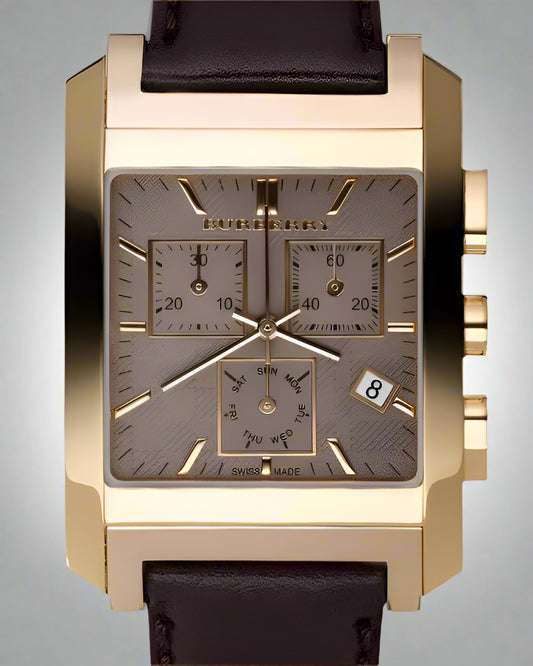 Burberry Heritage Chronograph Square Grey Dial Brown Leather Strap Watch For Men