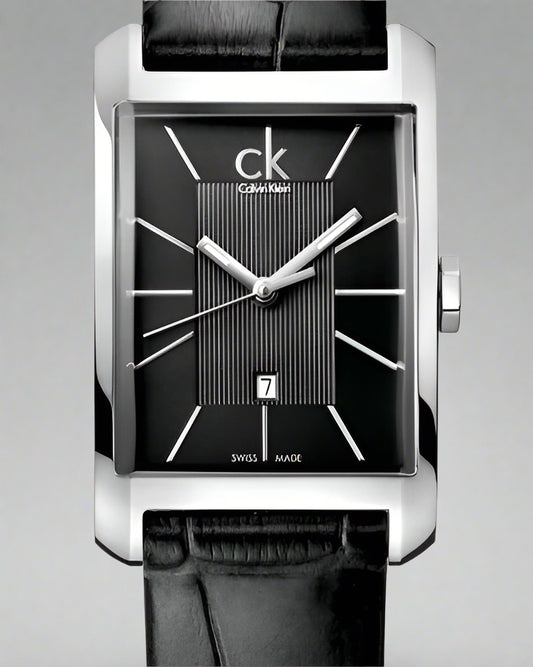 Calvin Klein Window Black Dial Black Leather Strap Watch For Men