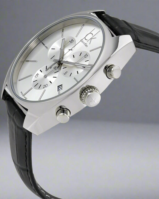 Calvin Klein Masculine Chronograph White Dial Black Leather Strap Watch For Men