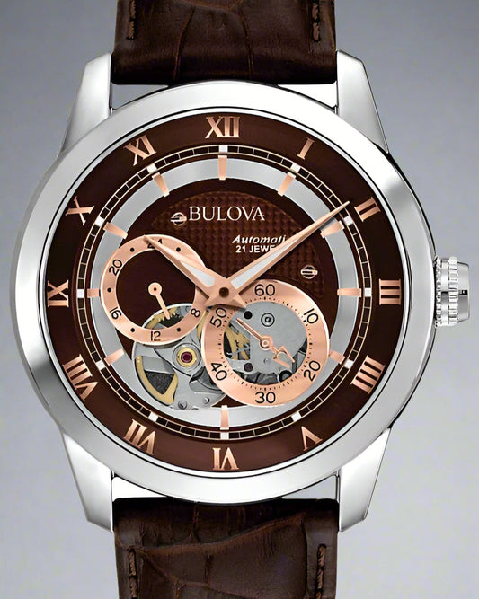 Bulova Classic Skeleton Automatic Brown Dial Brown Leather Strap Watch For Men
