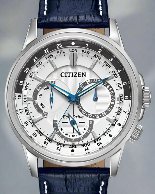 Citizen Eco Drive Calendrier White Dial Blue Leather Strap Watch For Men