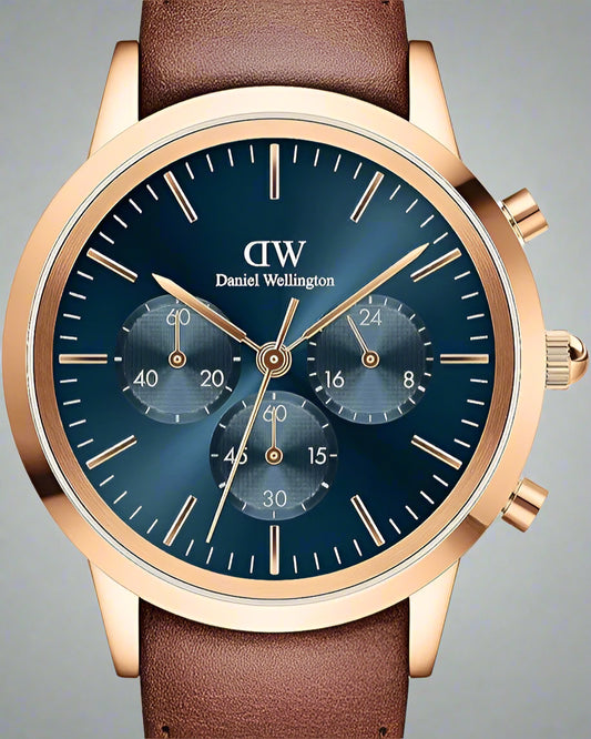 Daniel Wellington Iconic Chronograph Blue Dial Brown Leather Strap Watch
