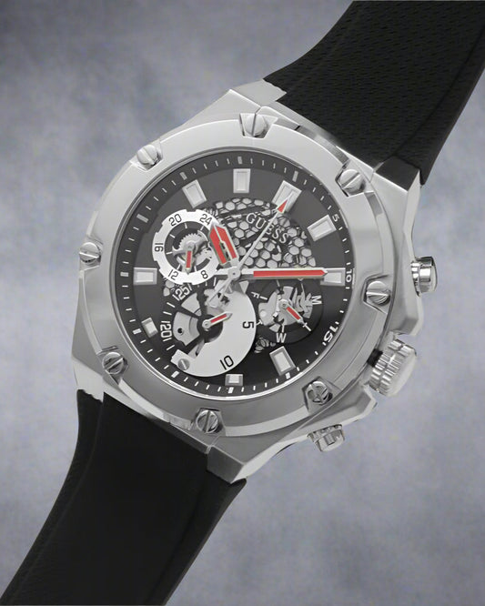 Guess Third Grear Multi Function Black Dial Black Rubber Strap Watch For Men