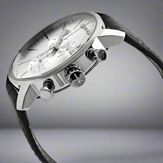 Calvin Klein City Chronograph Silver Dial Black Leather Strap Watch For Men
