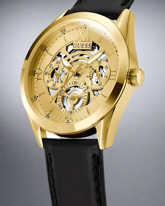 Guess Tailor Gold Dial Black Leather Strap Watch For Men