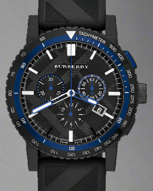 Burberry The City Chronograph Black Dial Black Rubber Strap Watch For Men